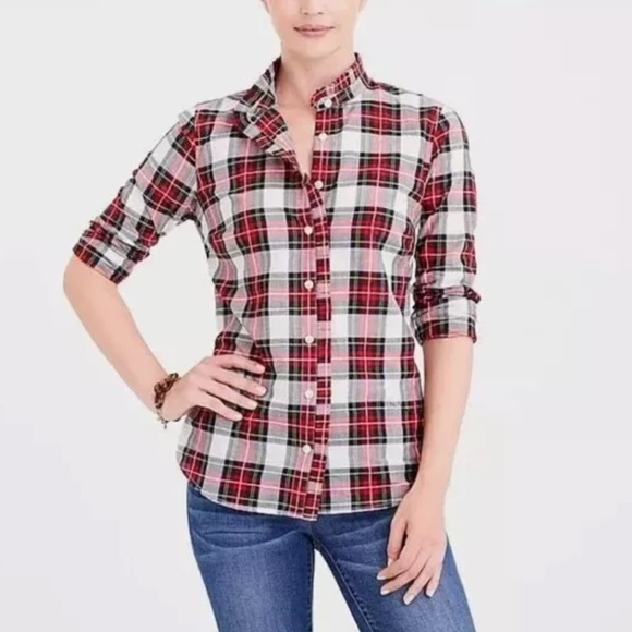 J. Crew Tops - J. Crew Classic Tartan Plaid Ruffle Front Shirt S Button Down long sleeve EUC